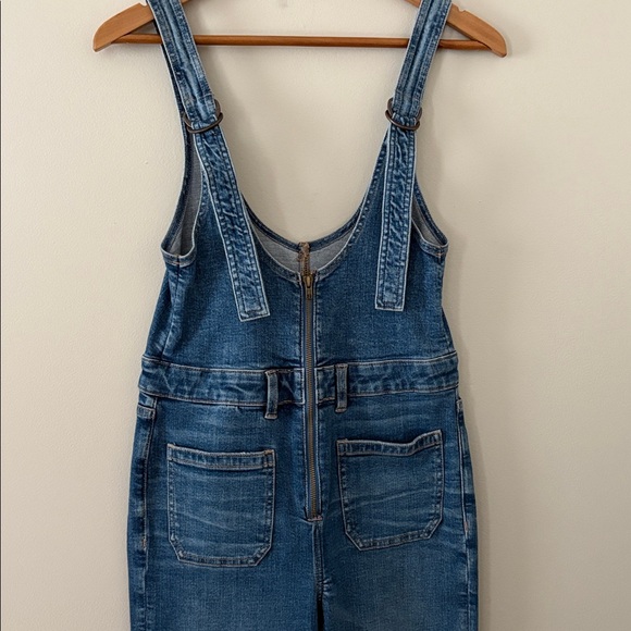 American Eagle Stretch Flare Jean Denim Overalls Front Zip Retro Vibe Size 8 - Picture 7 of 16
